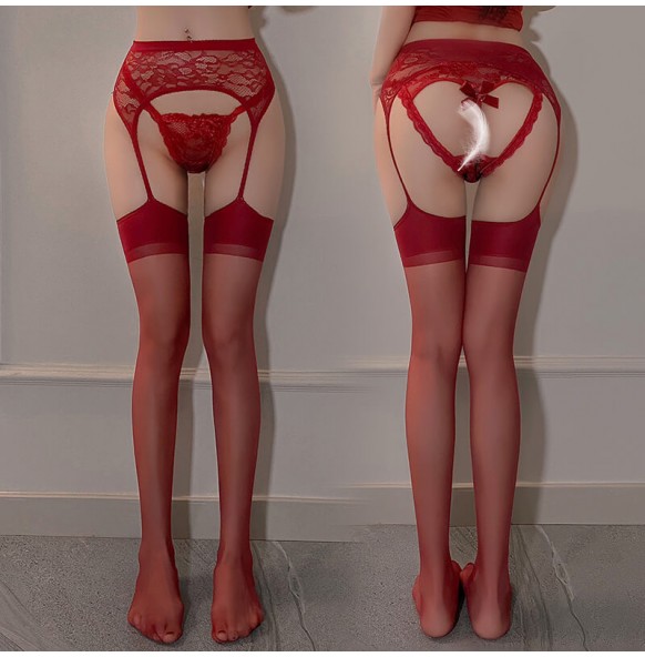 FEE ET MOI - Lace Strappy One-Piece Stockings (Red) FEE ET MOI - Lace Strappy One-Piece Stockings (Red)